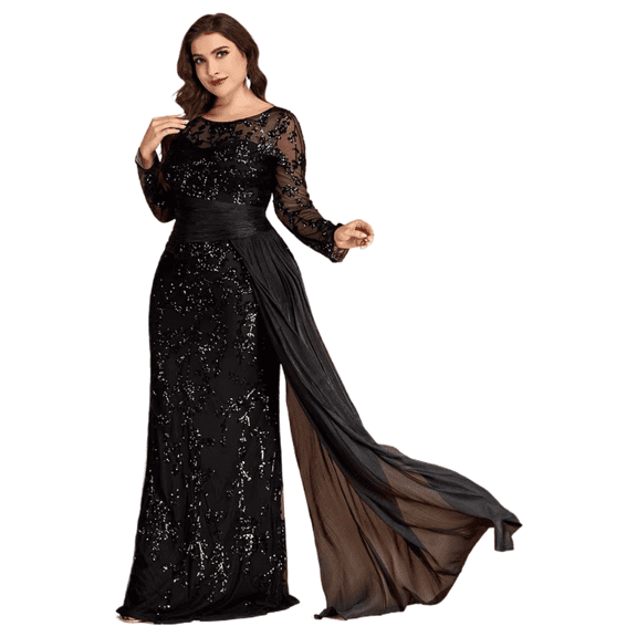 AURA Plus Size Sequin Round Neck Evening Gown Long Sleeve Elegant Slim Fit Formal Party Maxi Dress
