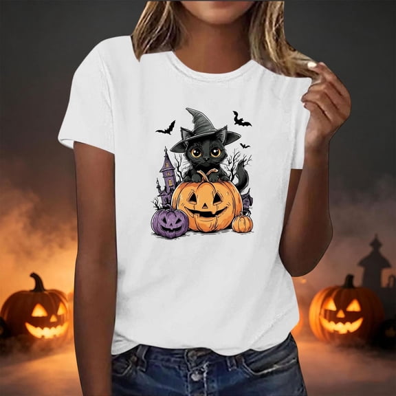 JOANKDMI Halloween Black Cat Witch Hat Shirt for Women Cute Pumpkin Graphic Tees Short Sleeve Fall Casual Tops Crewneck Haunted House Holiday Festive Apparel