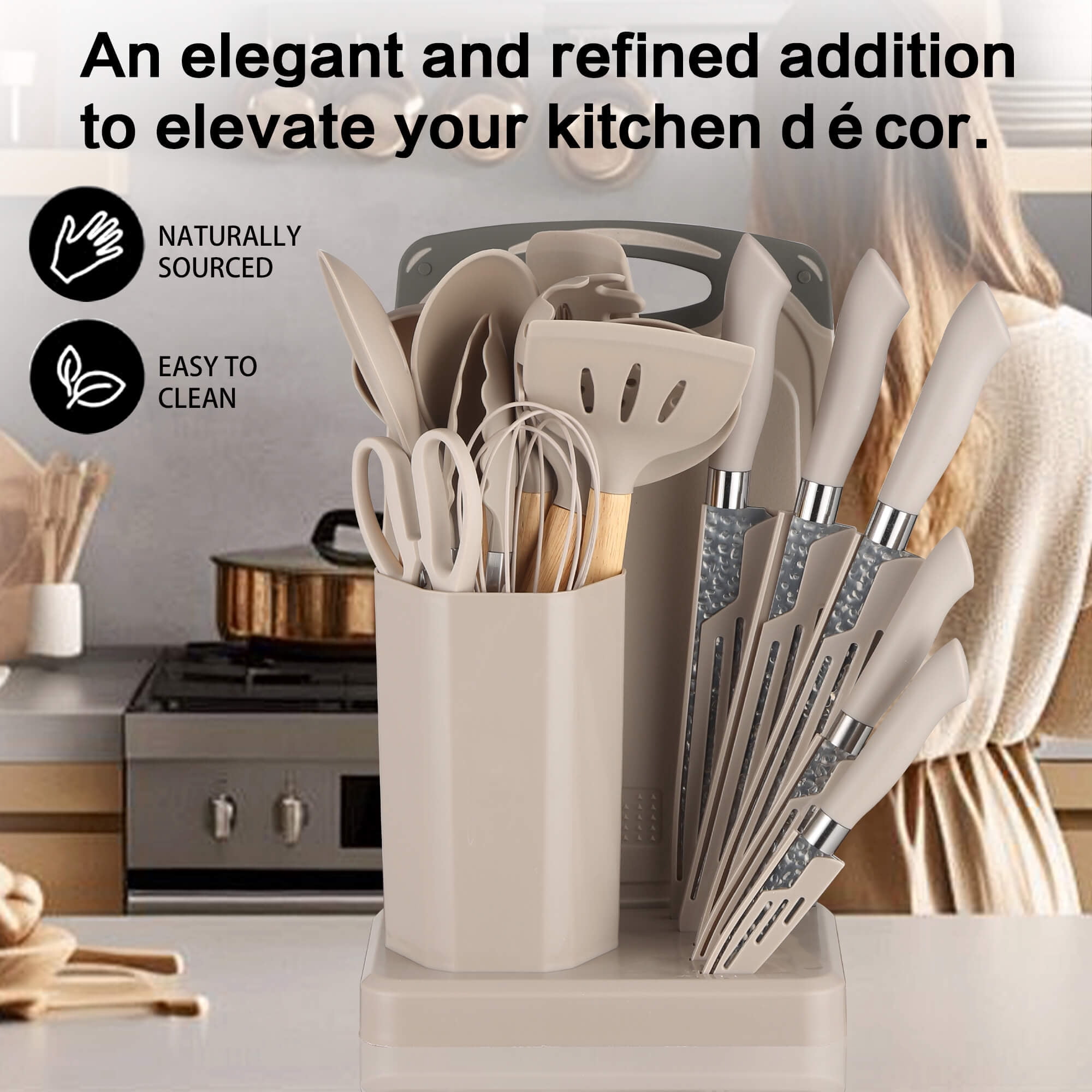 HEESEM 23 PCS Silicone Utensils Kitchenware Set with Removable Knife Cover, Non-Stick Heat Resistan Tools-Khaki