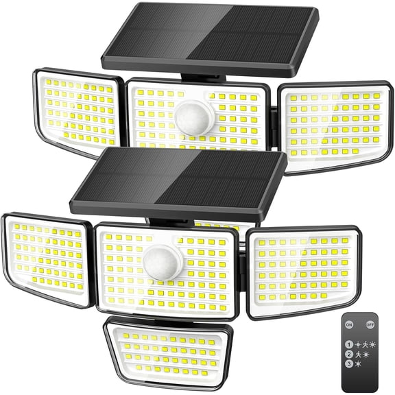 Solar Security Outdoor Lights, 3000LM 4 Heads Solar Flood Lights with Motion Sensor, IP65 Waterproof, 2 Pack