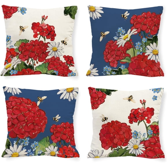 Spring Summer Red Geranium Pillow Covers White Daisy Floral 18 x 18 Inch Throw Pillows, Farmhouse Bee Seasonal Outdoor Indoor Decorative for Cushion Case Sofa Couch Set of 4