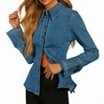 thumbnail image 3 of Denim Shirt Tops for Female Button Down Slim Fitted Long Sleeve V Neck Light-Weight Jean Jackets Denim Blue S, 3 of 9