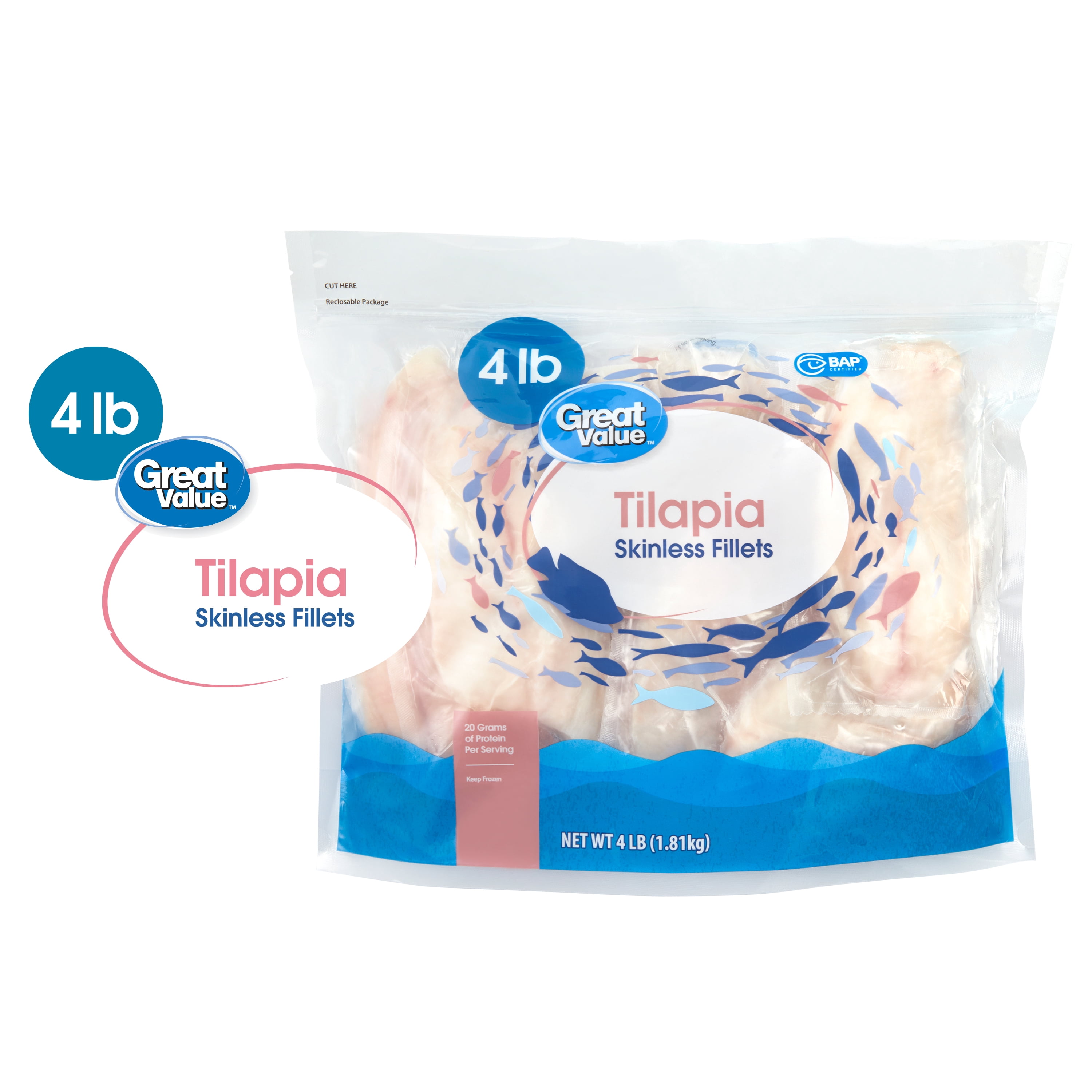 Great Value Frozen Tilapia Skinless and Boneless Fillets, 4 lb