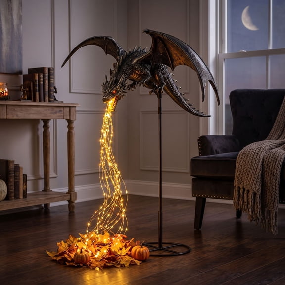 Solar Dragon Fire Garden Stake Light, Resin Gothic Dragon Statue with Warm LED Flame Stream, Weatherproof Ground Stake Outdoor Decor for Yard, Lawn, Patio and Halloween