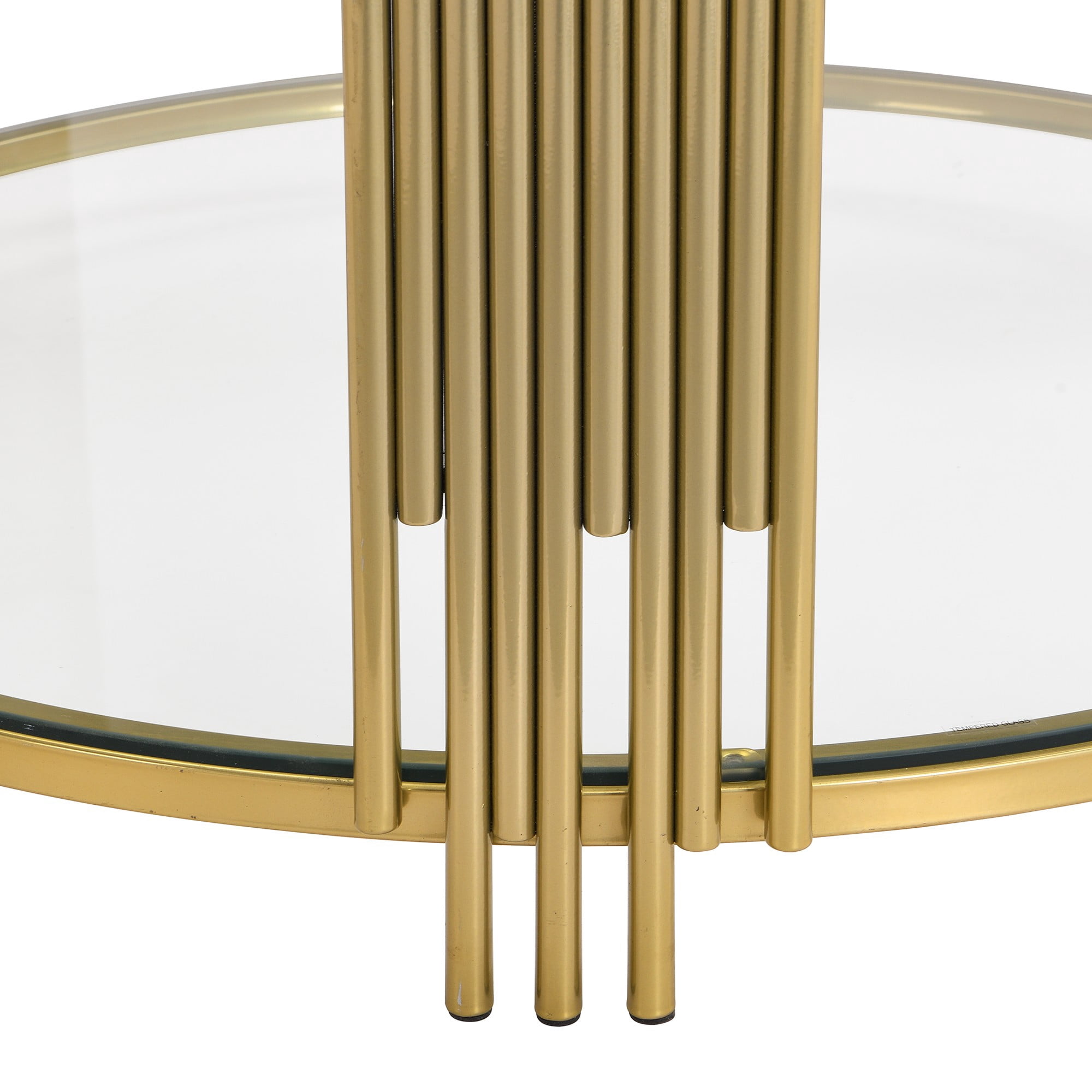 Aukfa Modern Round Tempered Glass Coffee Table, 2-Tier Center Table with Golden Metal Frame for Living Room, Transparent