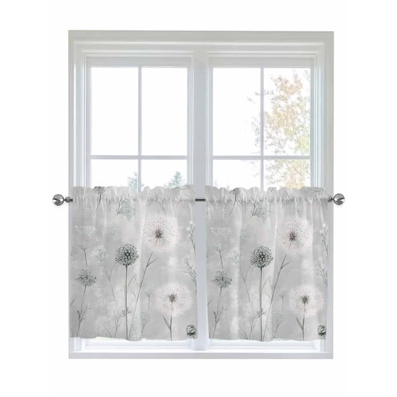 Half Window Curtain 36 Inches Long, White Green Dandelion Window Treatment Curtain Drapes, Grey Floral Leaves Small Tier Curtains for Bathroom Over Sink, 27.5"x36", 2 Panels