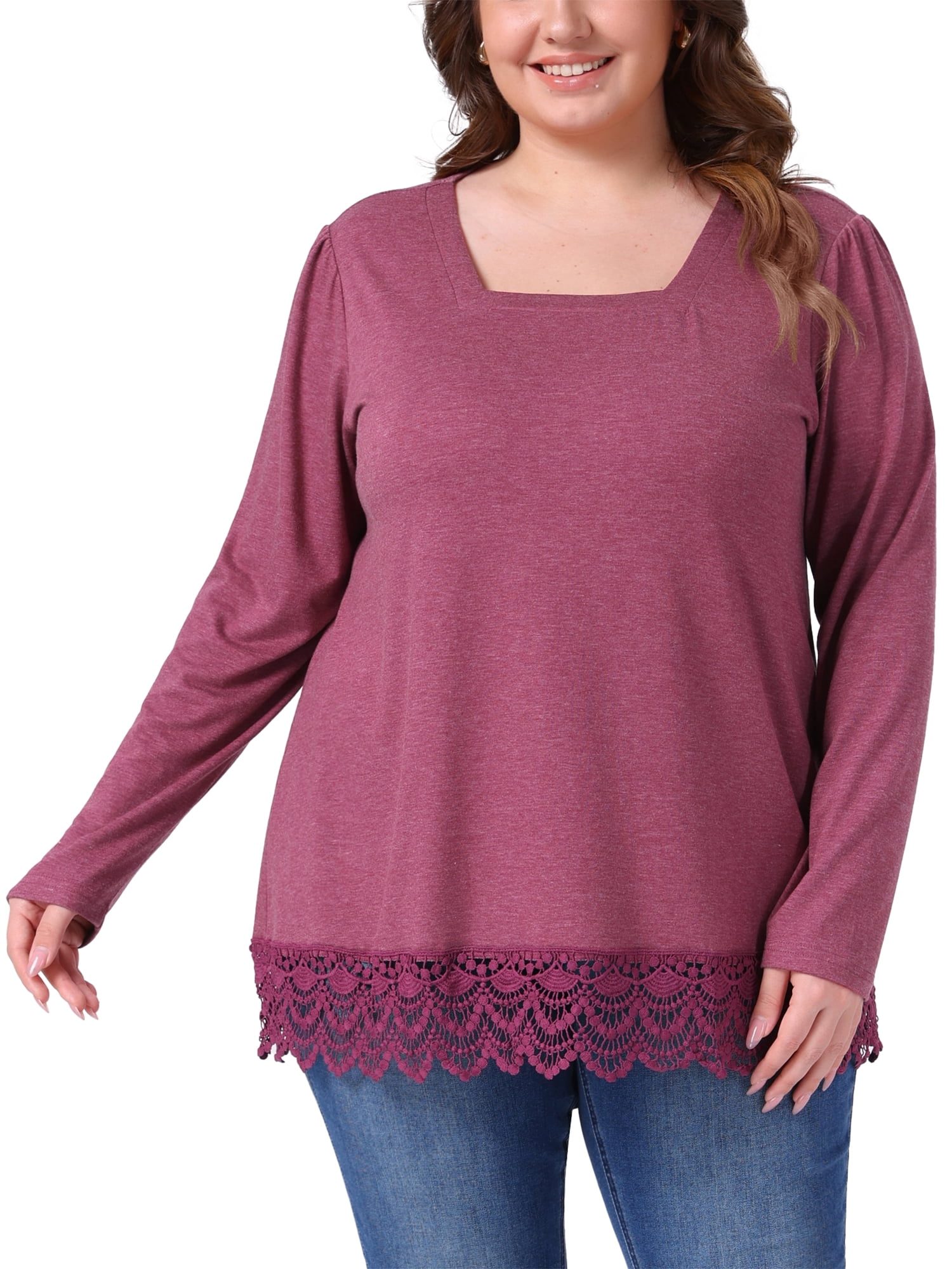 DARING DIVA  Women's Plus Square Neck Lace Hem Blouse 4X Fuchsia