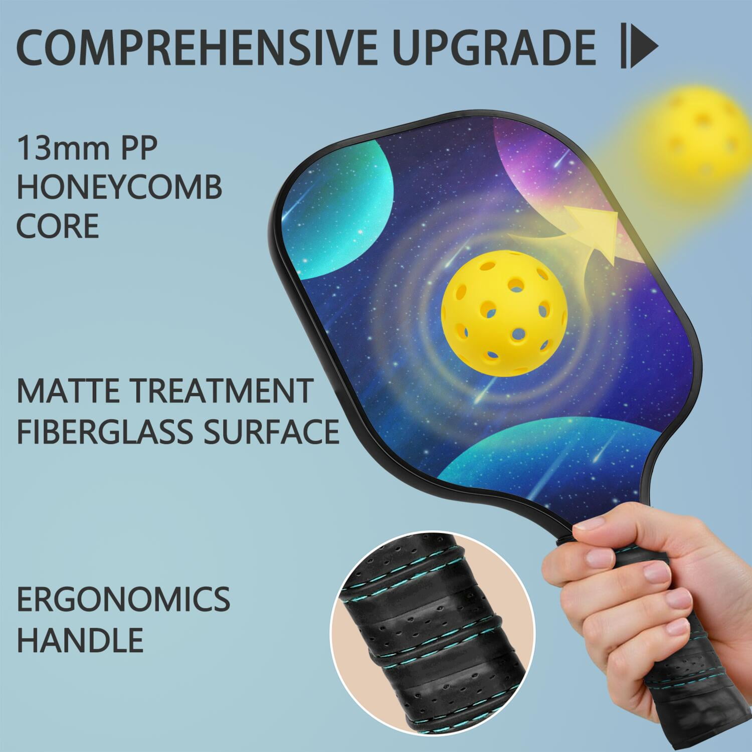 Pickleball Paddles Set Of 2, Fiberglass Surface, Galaxy Print, 4 Balls & Bag