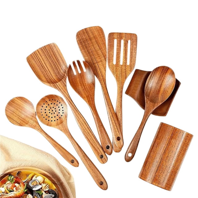9 Cucharas de Madera Natural para Cocinar, Utensilios de Madera para Cocinar con Soporte para Utensilios, Juego de Utensilios de Cocina de Madera de Teca