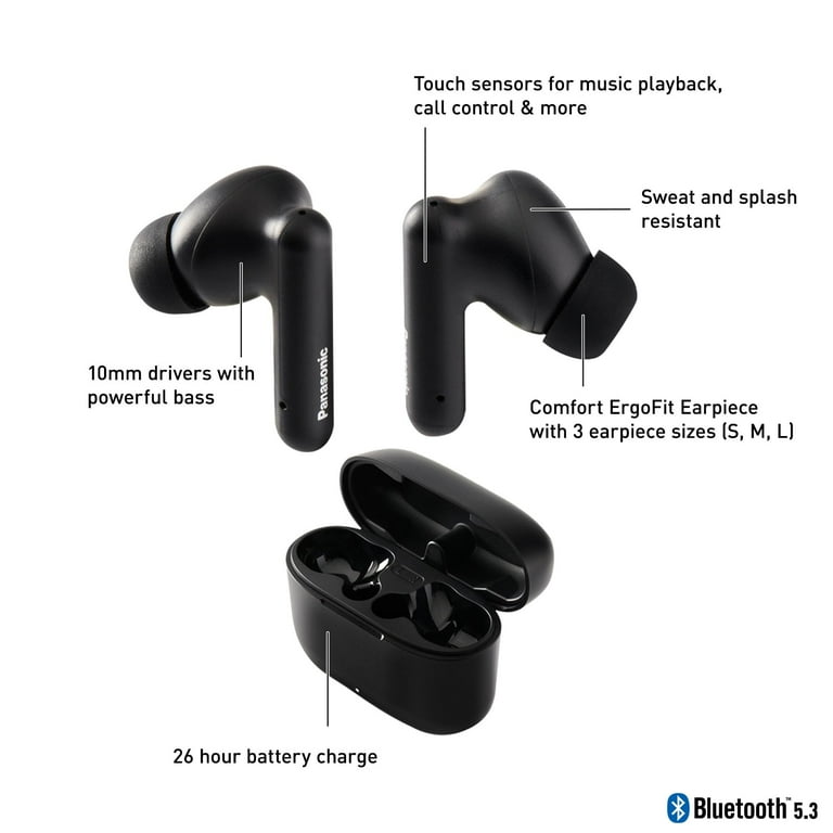 Panasonic ErgoFit True Wireless Earbuds Bluetooth 5.3 in Ear Headphones with XBS Powerful Bass Charging Case RZ B110W