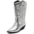 thumbnail image 2 of Ring- Women's Cowboy / Cowgirl Pull On Western Stacked Heel Mid Calf Almond Pointed Toe Boots (Silver, 9), 2 of 7