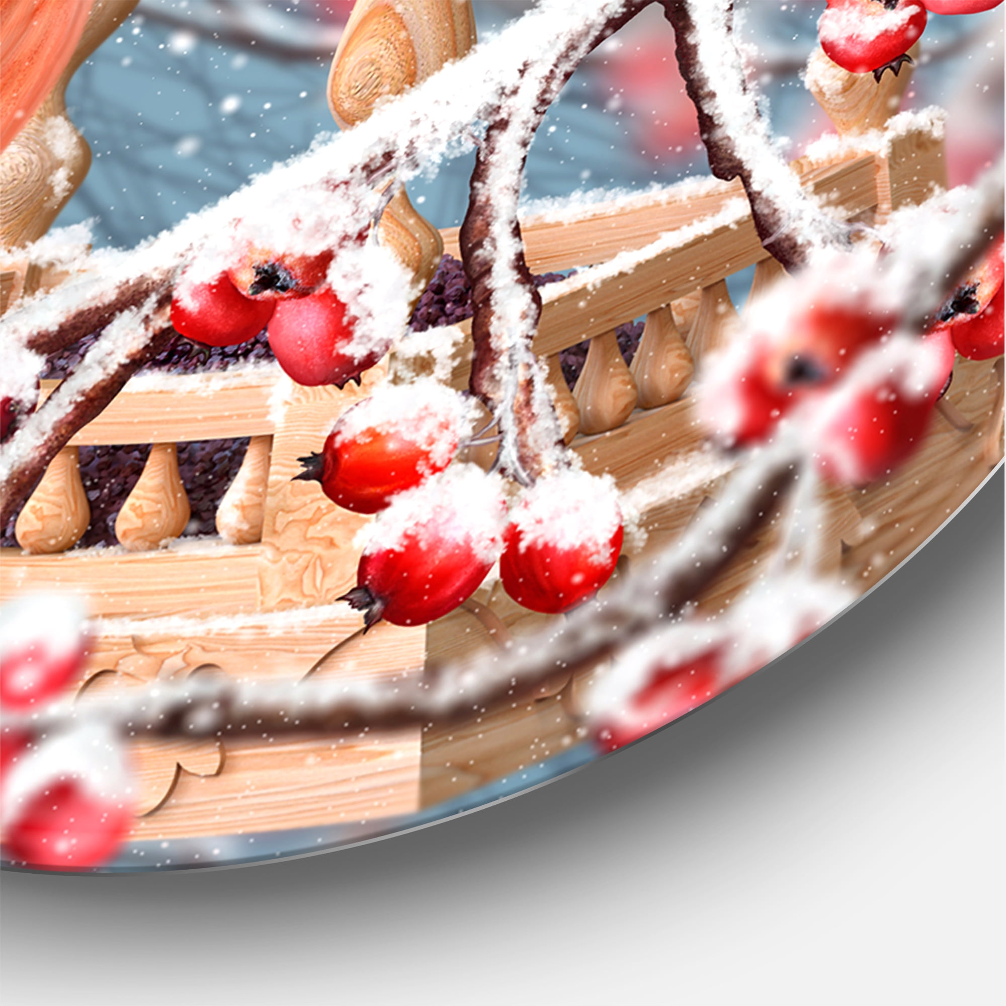Designart 'Two Tits Sit On A Snow-Covered Berries Branch ' Traditional Circle Metal Wall Art 29x29 - Disc of 29