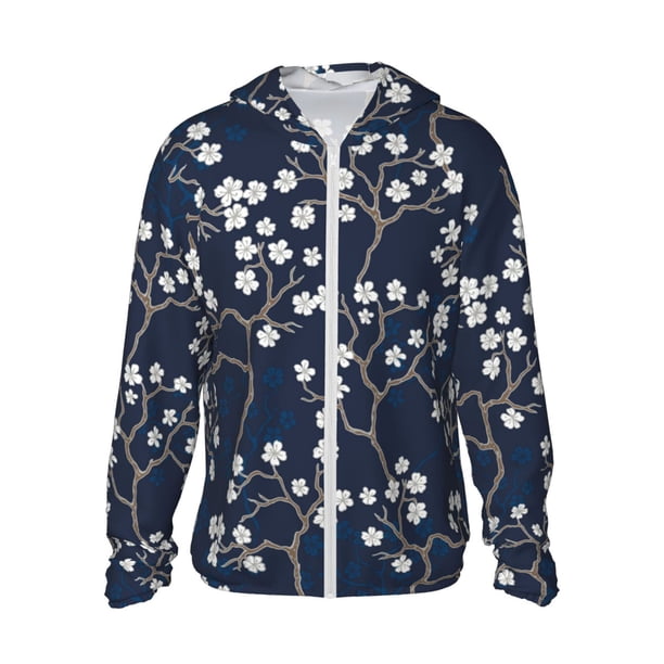 Fotbe Cherry Blossoms on Navy Background Chaqueta con Protección Solar UPF 50+ para Hombre y Mujer, Camisa con Capucha y Bolsillos-Medium