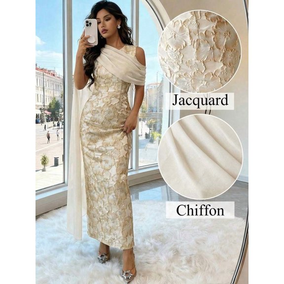 Champagne Womens Textured Floral Jacquard Waist-Cinching Maxi Dress With Chiffon Shawl, One-Shoulder Elegant Evening Gown