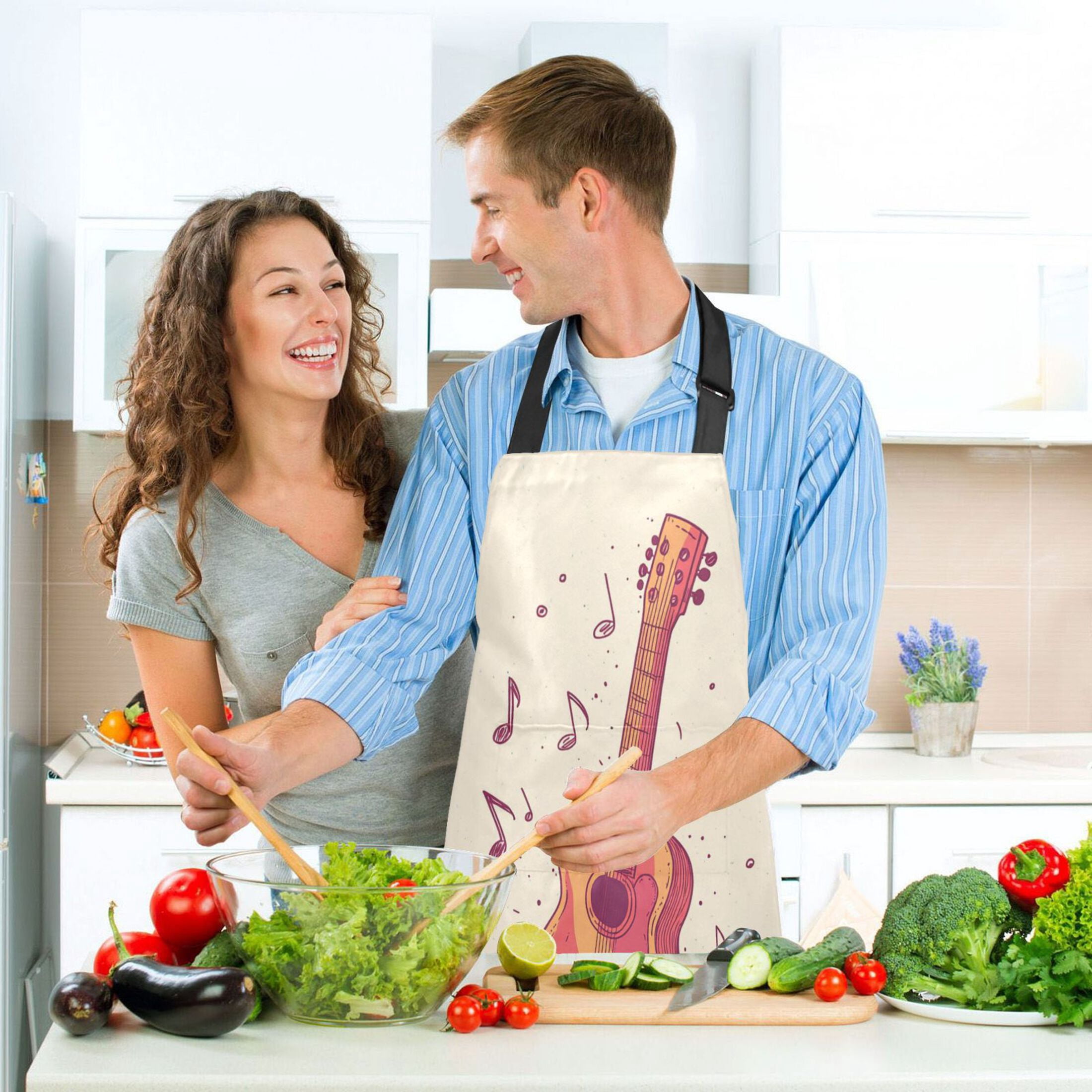 5 Pcs Kitchen Set Heat Resistant Oven Mitts and Non-Slip Pot Holders with Adjustable Cooking Apron Guitar and Notes
