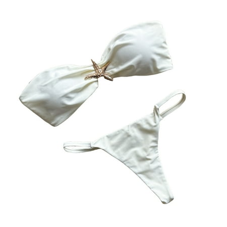 2Pcs/Set Bikini Set Strapless Bandeau Starfish Decoration Bikini Bra Low-rise Briefs Set Solid Color Vacation Spa Swimming Suit-Beige M