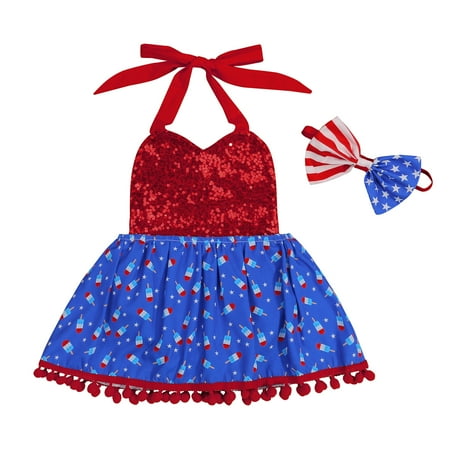 

Bagilaanoe 4th of July Newborn Baby Girl Rompers Dress Sleeveless Bodysuit Skirt + Hairband 6M 12M 18M 24M Infant Patchwork One Piece Short Jumpsuit for Independence Day