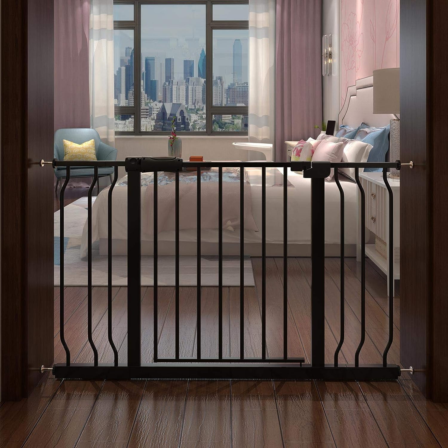 ZXNYH Extra Wide Baby Gate Tension Indoor Safety Gates Black Metal