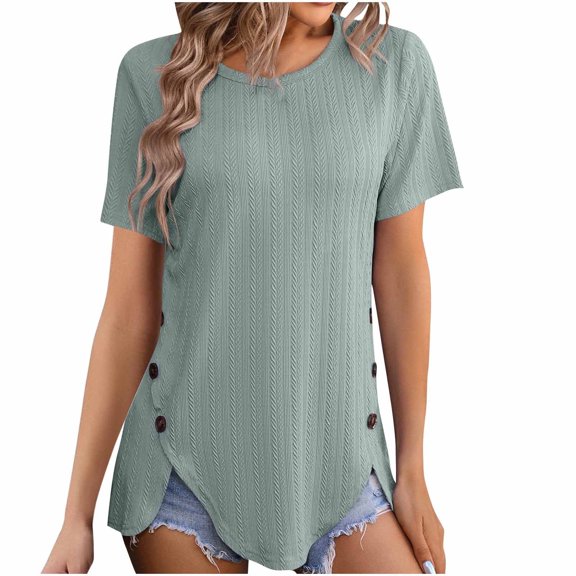 Olyvenn 2025 Summer New Women's Round Neck Jacquard Tops Irregular Hem Blouse Short Sleeve Buttons Casual T-shirt Army Green L