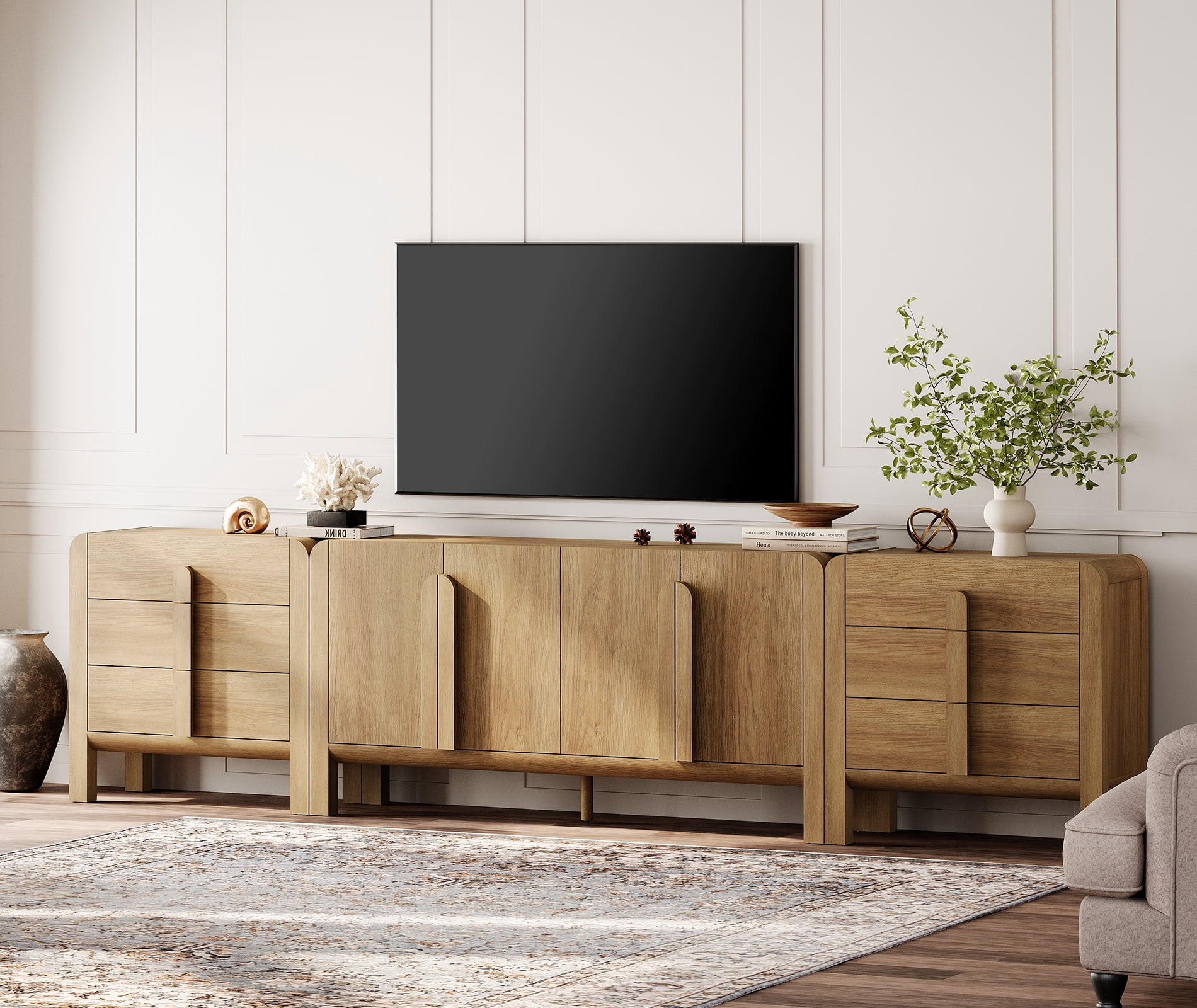 Mid-Century Modern 126" Sideboard Buffet with Storage, 3-Piece Wood Credenza with Doors and Adjustable Shelves for Kitchen，Living Room