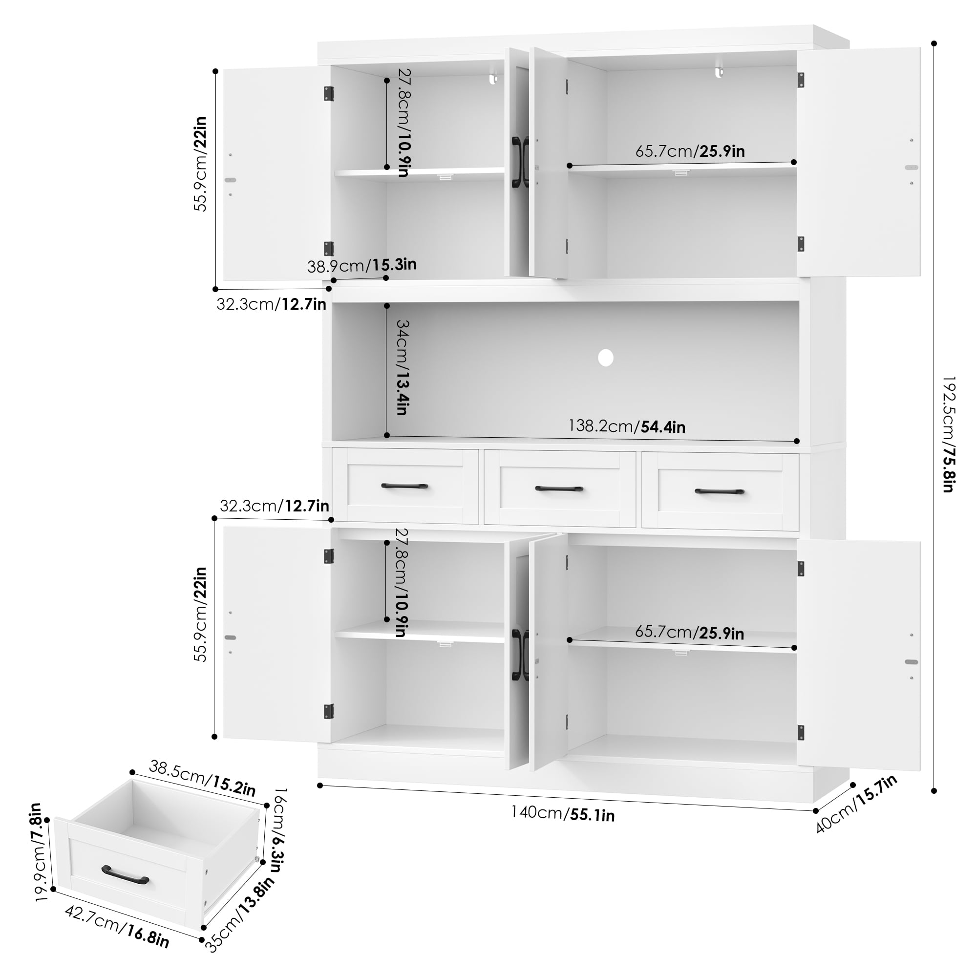 Homfa 76" Tall Kitchen Pantry Cabinet, Modern Storage Cabinet with Microwave Stand, Freestanding Cupboard with 3 drawers, Hutch Cabinet for Living Dining Room, White