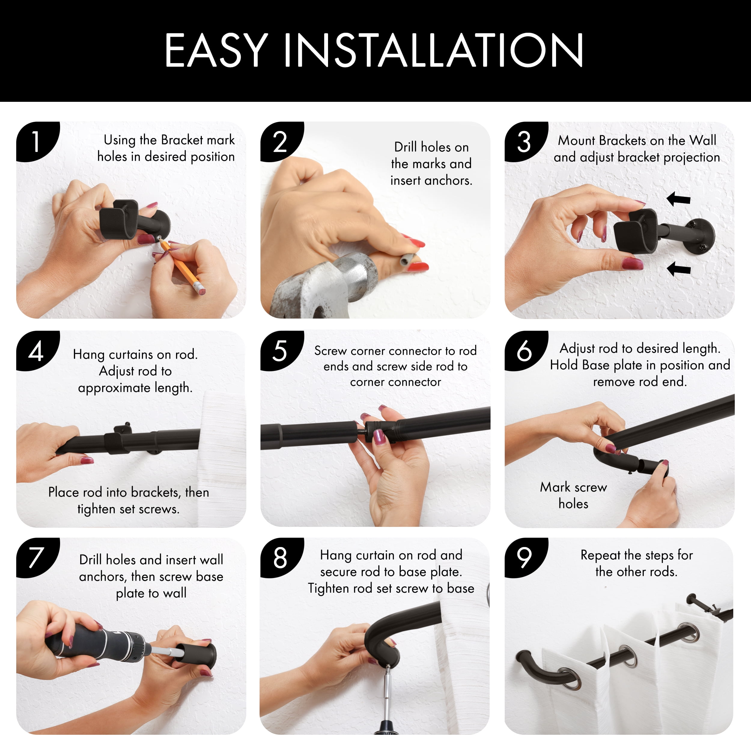 MERIVILLE 1" Bay Window Curtain Rod Set, Adjustable Side 20–37" and Center 38–72", Single Rod, Oil-Rubbed Bronze