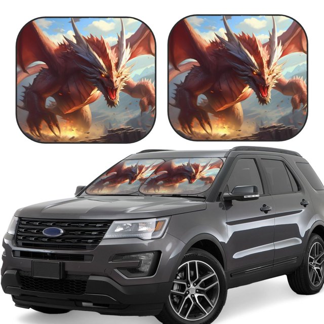 Fotbe Ferocious Dragon Fury Juego de 2 Piezas de Parasoles para Parabrisas | Bloqueador Solar para Auto | Accesorios Plegables para Protección Solar Interior-Small