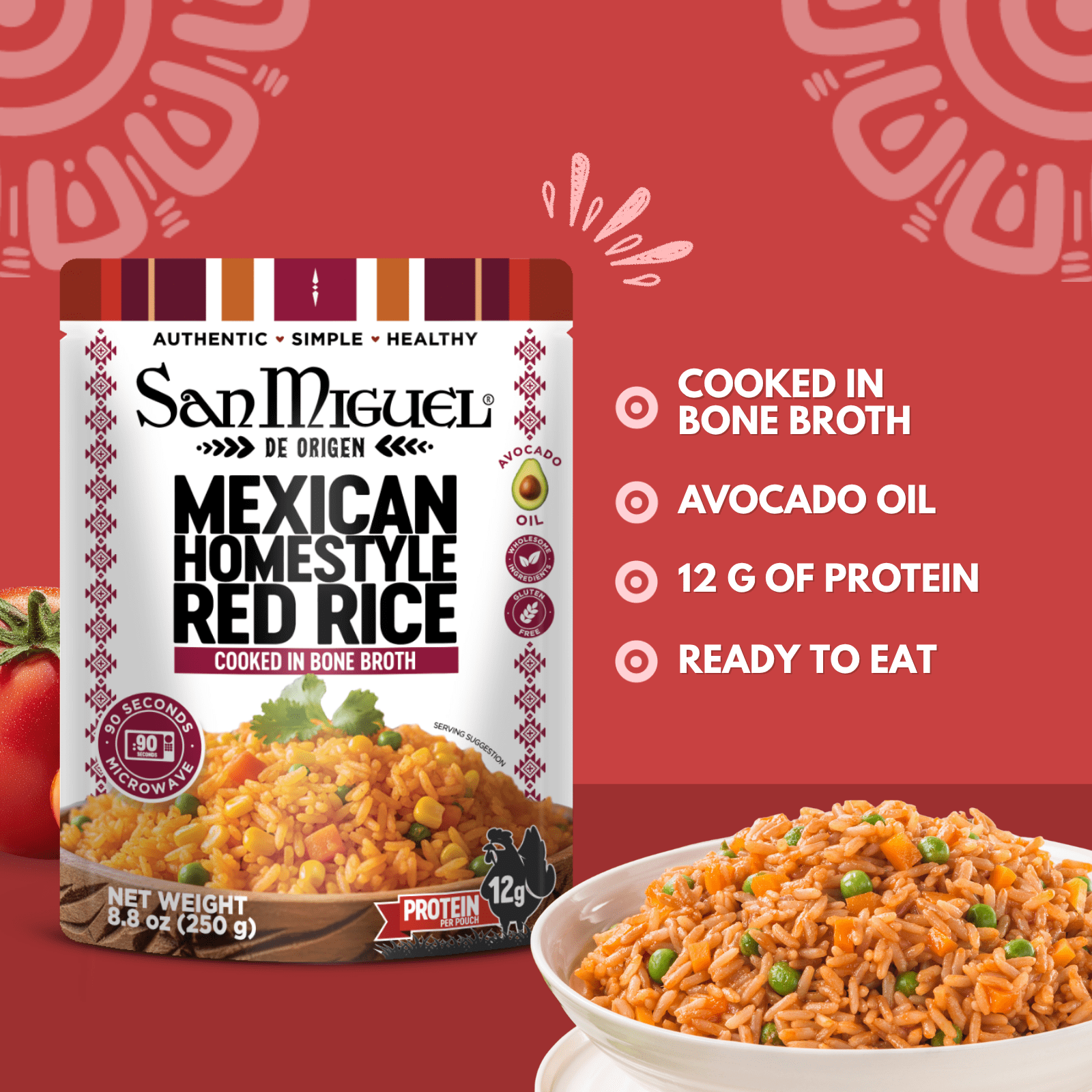 Mexican Homestyle Red Rice with Veggies with Bone Broth, Ready to Serve Rice Pouches, Microwaveable Instant Rice, Heat and Eat Rice, Pack of 6