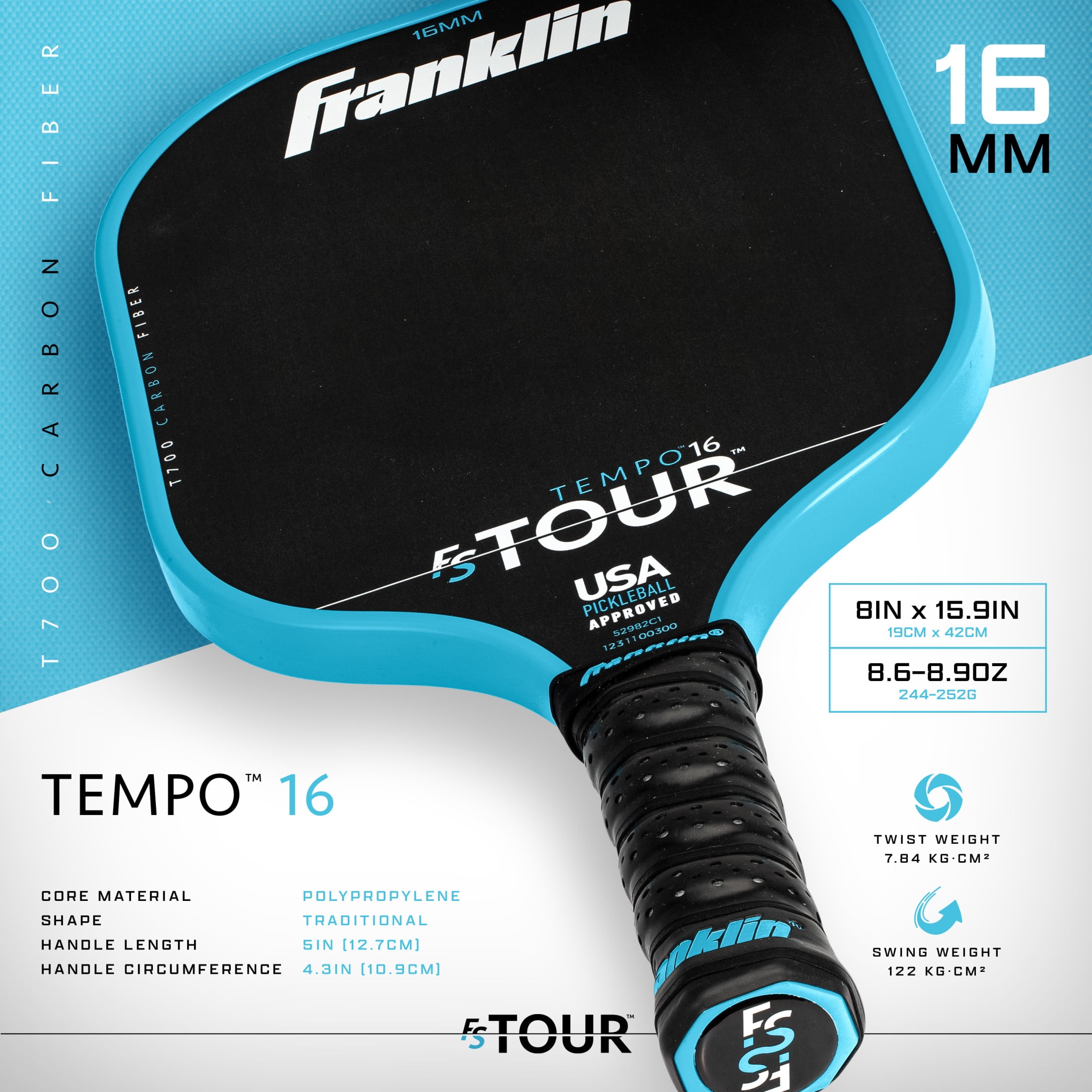 Franklin Sports Pro Pickleball Paddles - FS Tour Series Carbon Fiber Pickleball Paddles - Official USA Pickleball (USAPA) Approved Paddles - Tempo Pro Player Paddle - 16mm Polymer Core - Blue