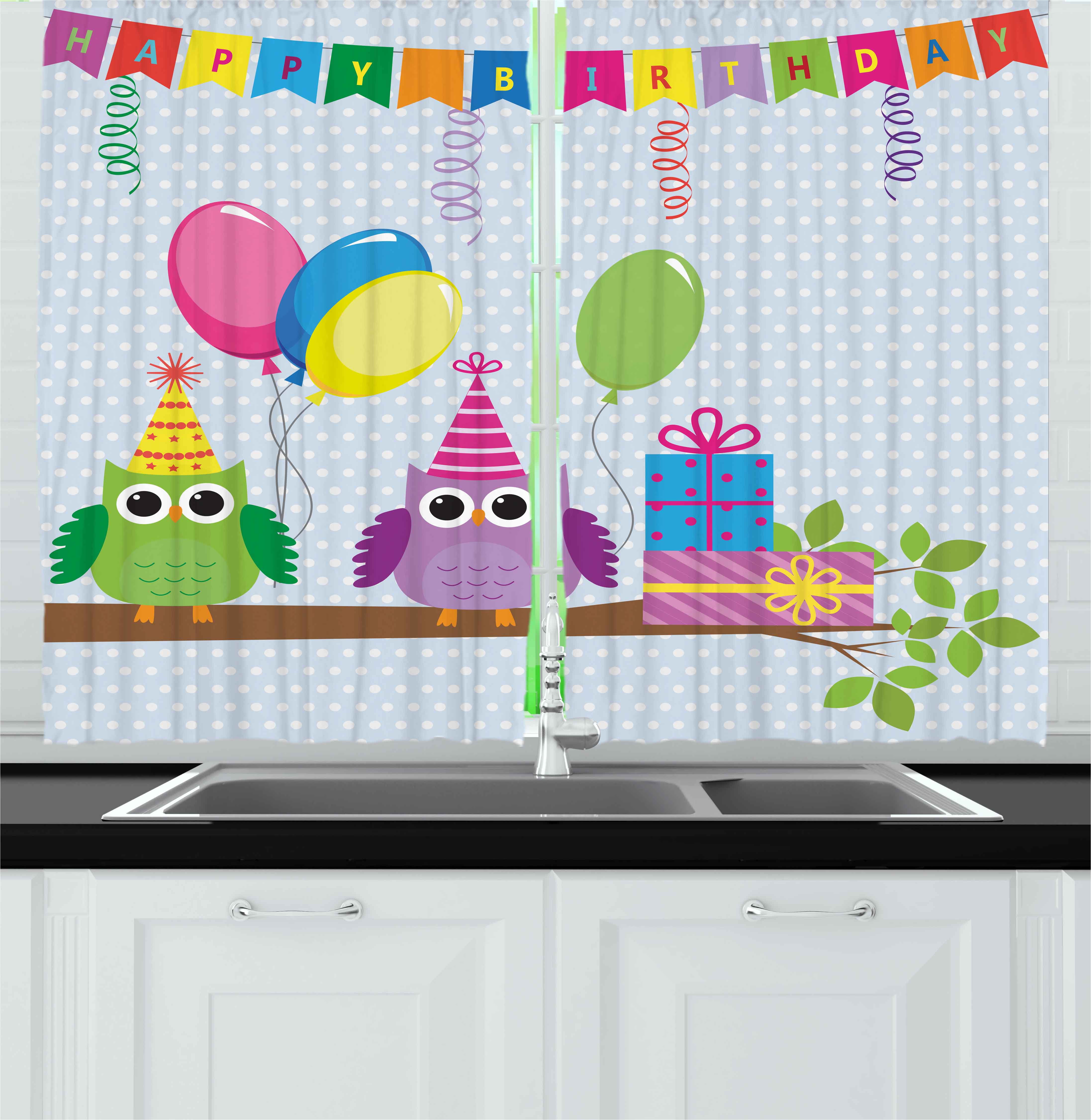Kids Birthday Curtains 2 Panels Set Cartoon Style Owls At A Party