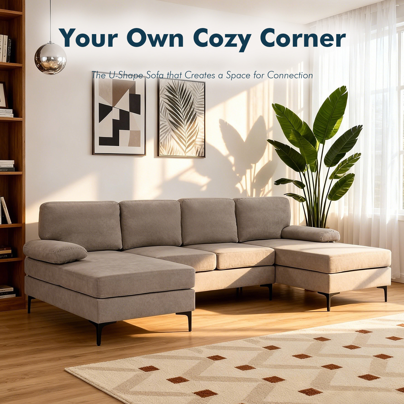 MOONMISS U-Shaped 4 Seats Sectional Sofa with Chaise for Living room, Brown