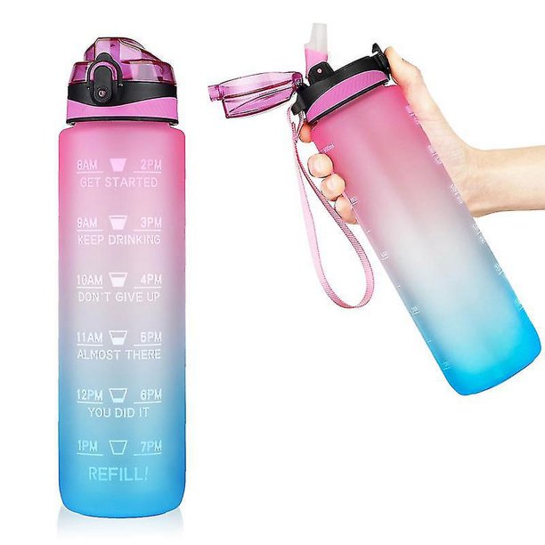 Botella de agua motivacional para deportes de fitness de 32 oz con tapa abatible hermética con marcador de tiempo