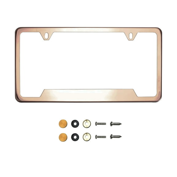 KA Depot Bottom Corner Cut Out Version Rose Gold Chrome Polish Mirror License Plate Frame T304 Stainless Steel   Metal Screw Caps