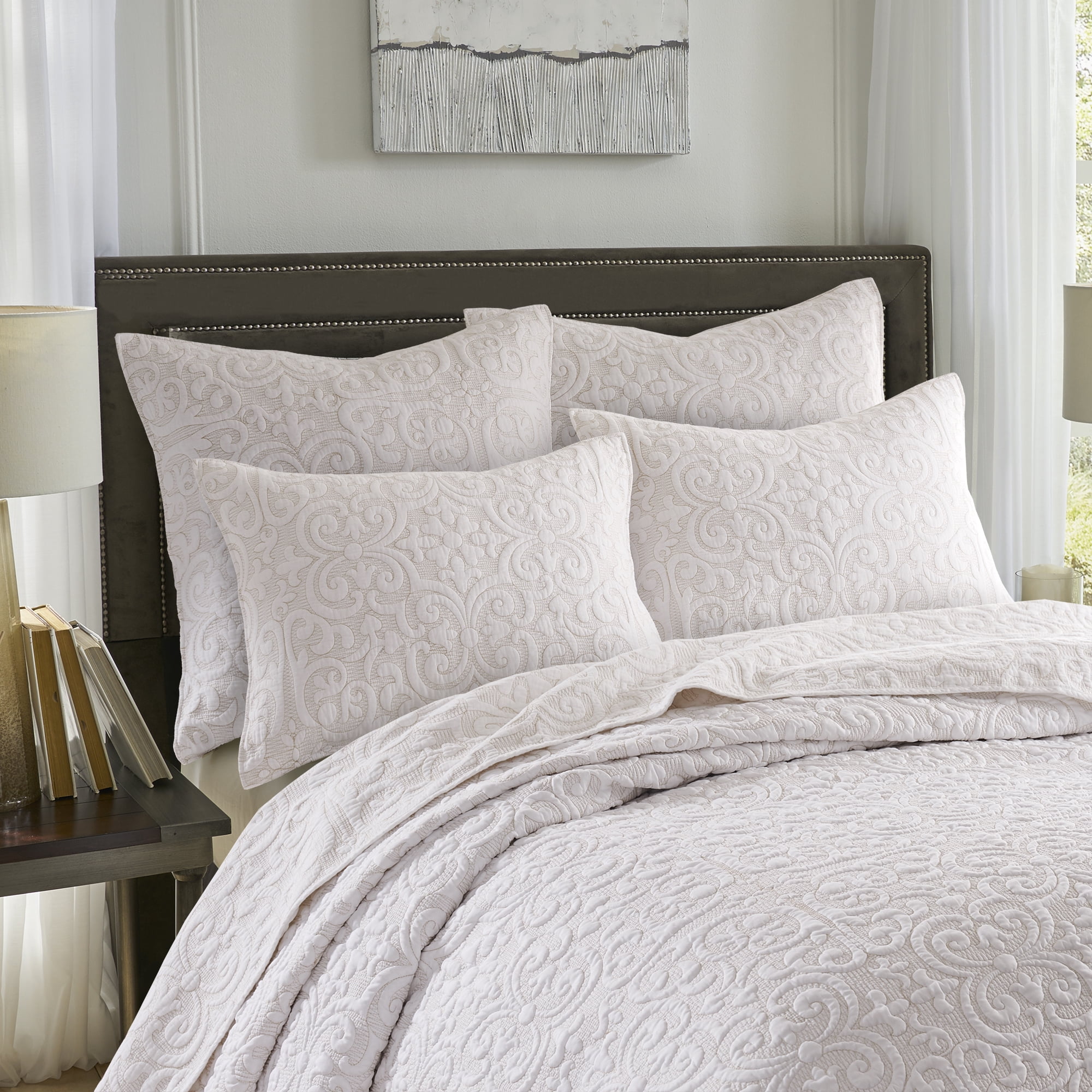 Levtex Home Birch Hill Sherbourne Sham - Quilted Medallion White with Taupe Stitch - King Sham - (36 x 20in.) - Reversible - Cotton Front/Microfiber Reverse - Sold as a set of 2 shams
