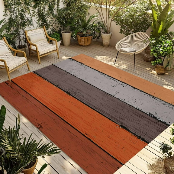 Fsddascl Burnt Orange Grey Outdoor Rug for Patio/Deck/Porch, Non-Slip Large Area Rug 6 x 9 Ft, Vintage Stripe Farmhouse Wood Grain Indoor Outdoor Rugs Washable Area Rugs, Camping Rug Carpet