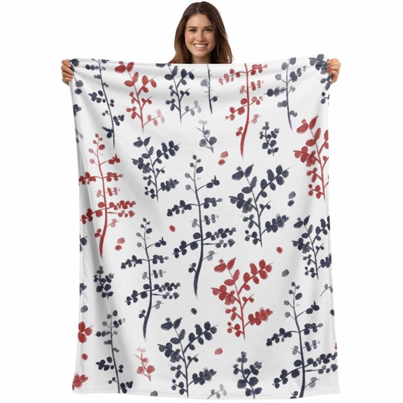 Grey Red Botanical Blanket Soft Cozy Warm Throw Blanket for Couch, Plush Fuzzy Flannel Fleece Blankets for Sofa, Watercolor Spring Floral Summer Leaf Bed Blankets Lightweight Gifts for Women, 32"x48"