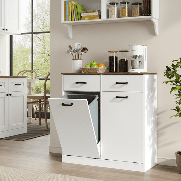 DIYART Farmhouse Double Tilt Out Trash Can Cabinet fits 10 Gallon Trash Bin, Kitchen Recycling Cabinet with 2 Drawers, Hidden Garbage Can Storage for Kitchen & Dining Room, Antique White