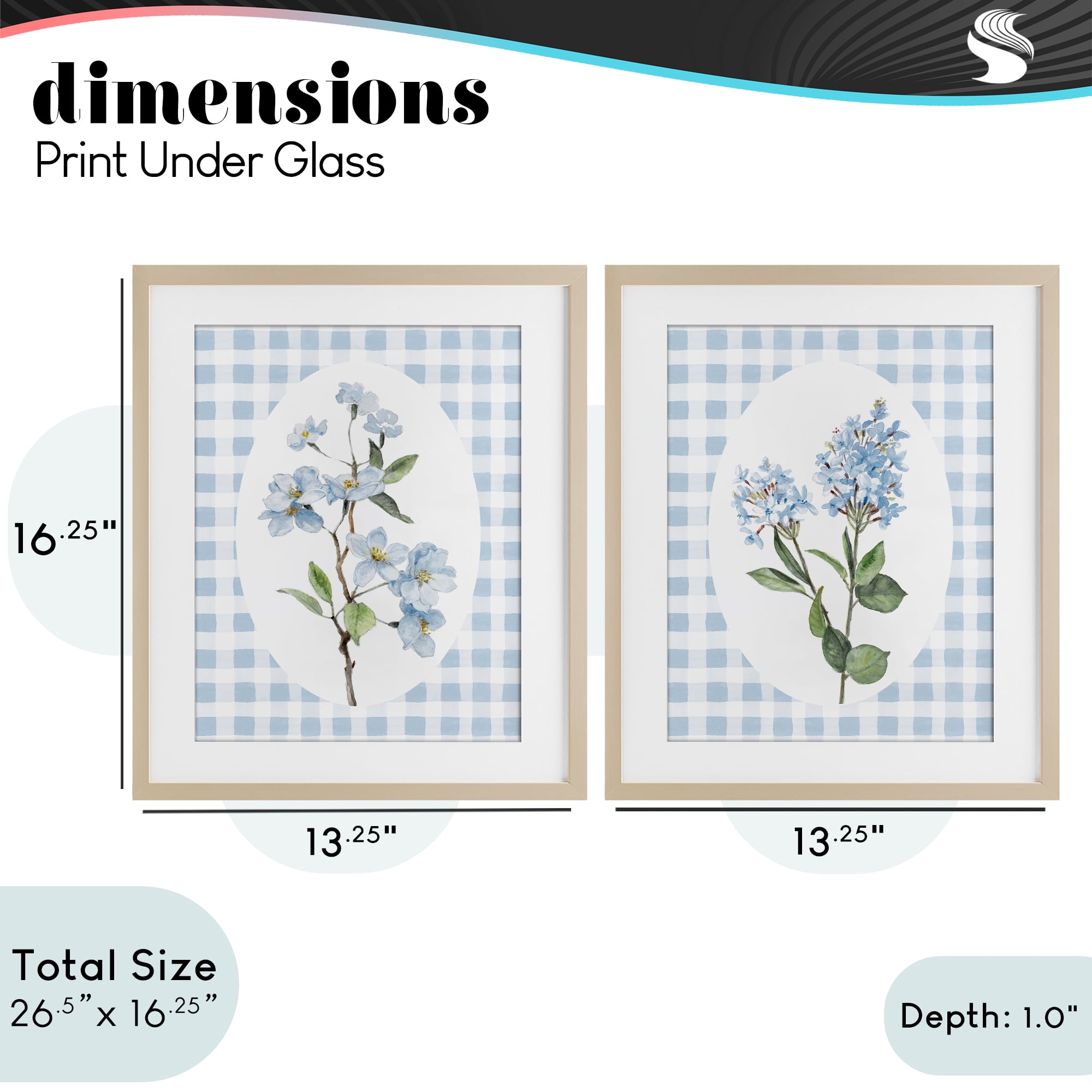 Stupell Industries Blooms on Blue Checkered 2 Piece Birch Framed Print Under Glass Set, design by Lanie Loreth