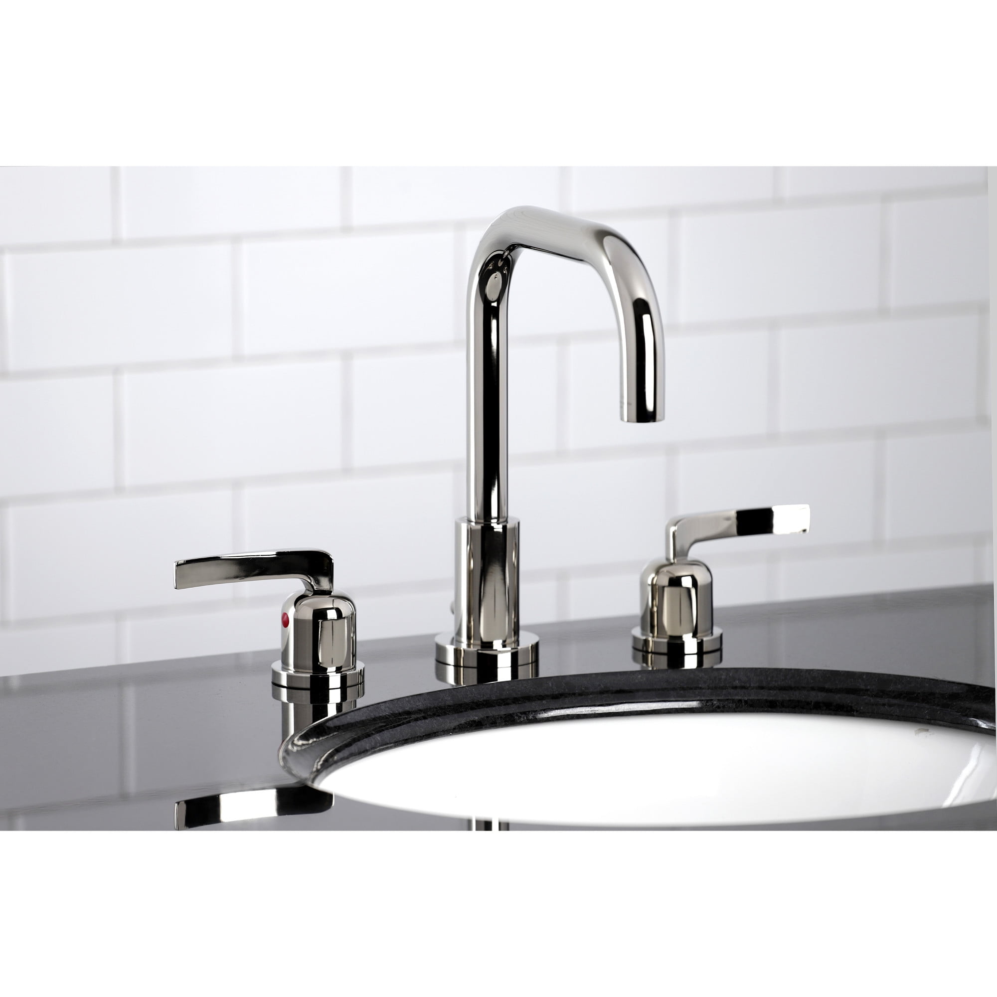 Kingston Brass FSC8939EFL Centurion Two-Handle 3-Hole Deck Mount Widespread Bathroom Faucet with Brass Pop-Up in Polished Nickel