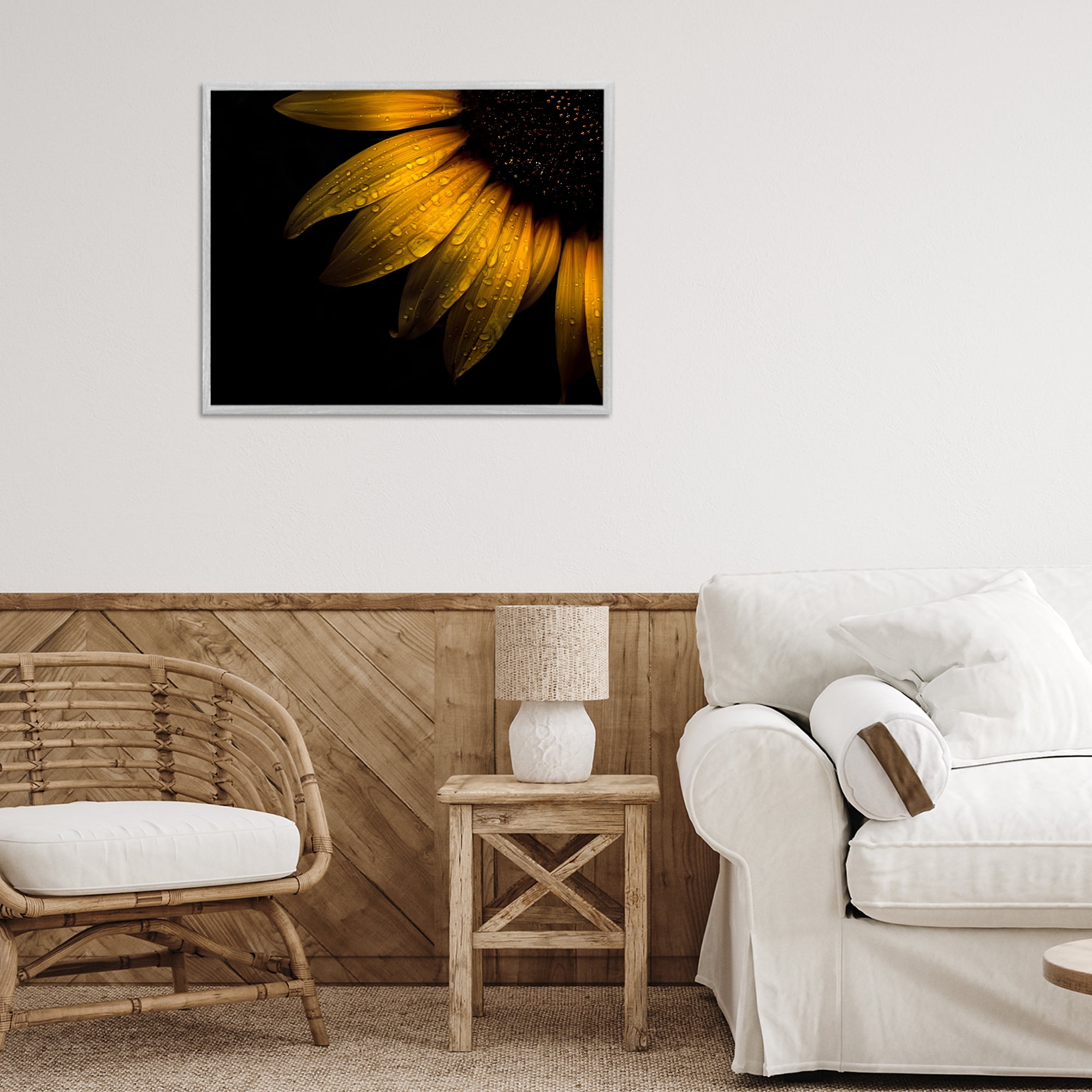 Water Droplets on Sunflower Gray Framed Giclee Art, design by Brian Carson Photography