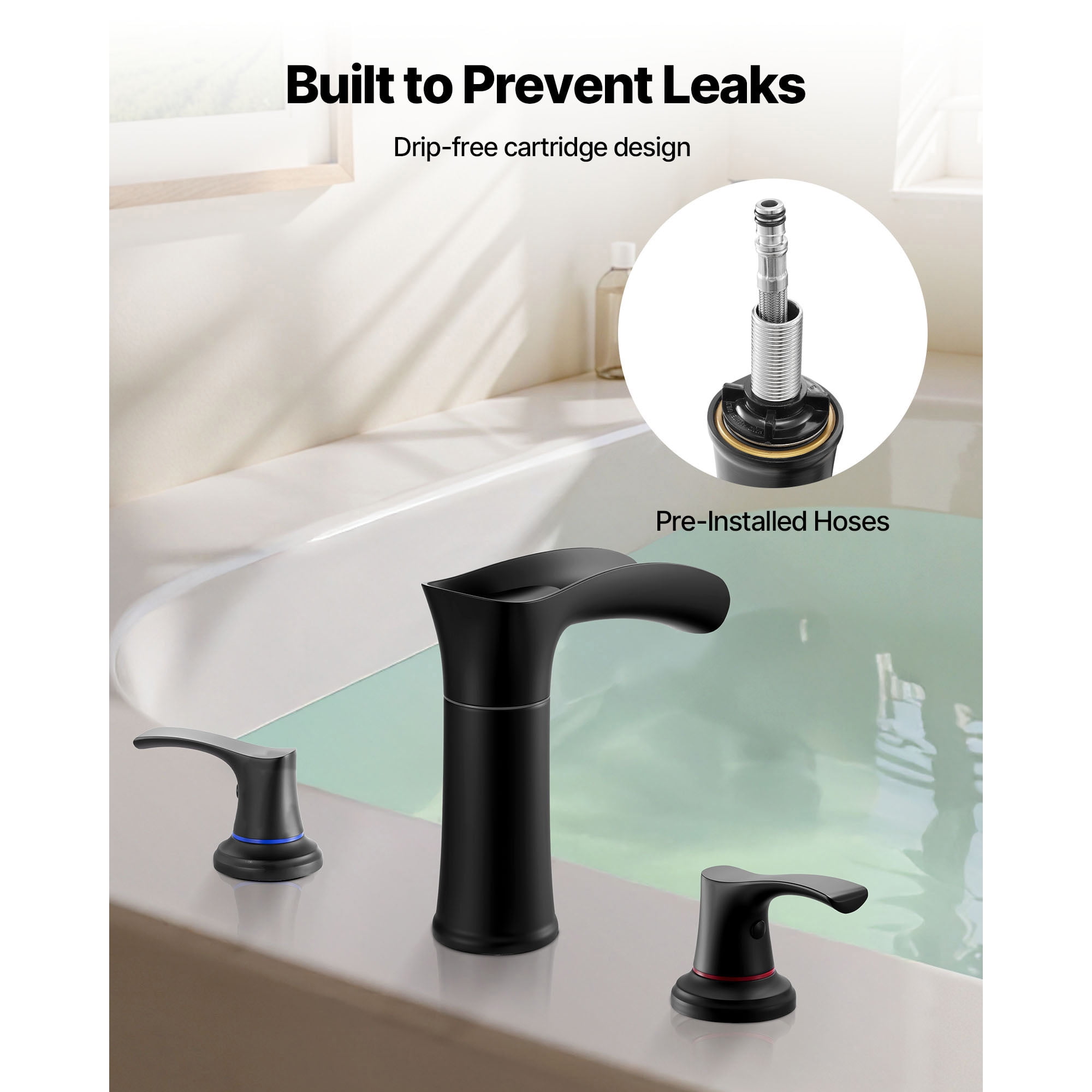KFFKFF Roman Tub Faucet, 3-Hole Waterfall Bathtub Fixture, Zinc Alloy Bath Faucet Set with Dual Handles, Deck-Mounted Tub Faucet for Washing Pets, Baby Care, and Adult Bathing, Matte Black