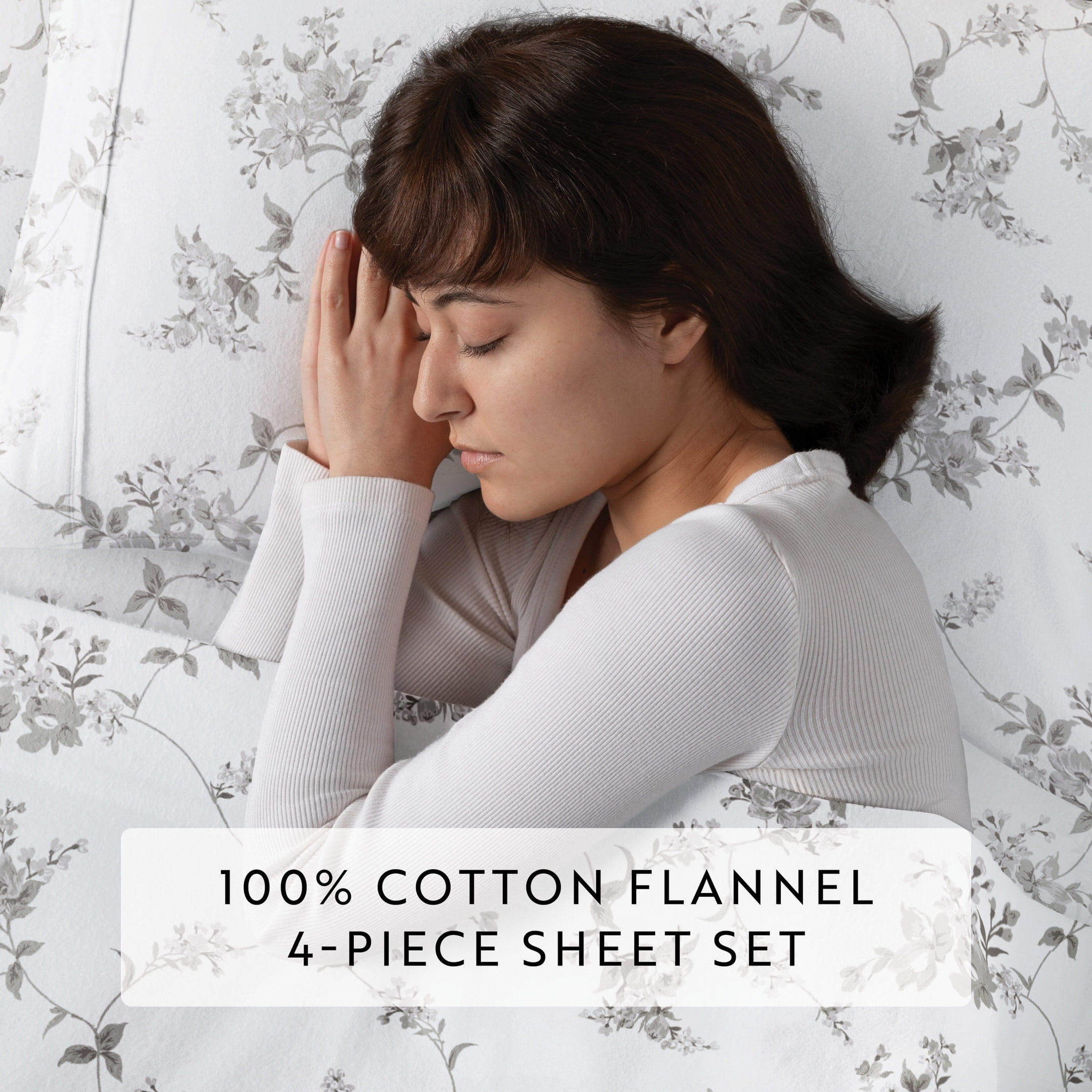 Gray Sylvan Rose 4 Piece 100% Cotton Flannel Deep Pocket Sheet Set, Full, by Noble Linens