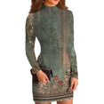 thumbnail image 2 of Women's High-Neck Casual Long Sleeve Vintage Floral Printed Slim-Fit Dress for Spring and Autumn Parties,Army Green,L, 2 of 6