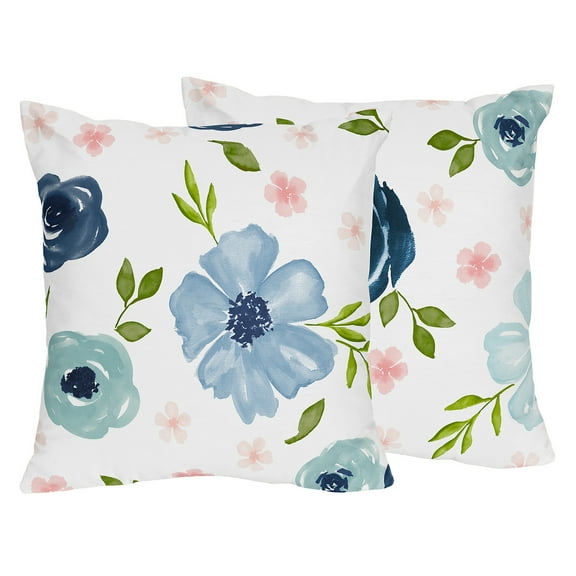 Sweet Jojo Designs Watercolor Floral Navy Blue And Pink Girl Square Decorative Throw Pillow Covers Set 2 Piece 18in.