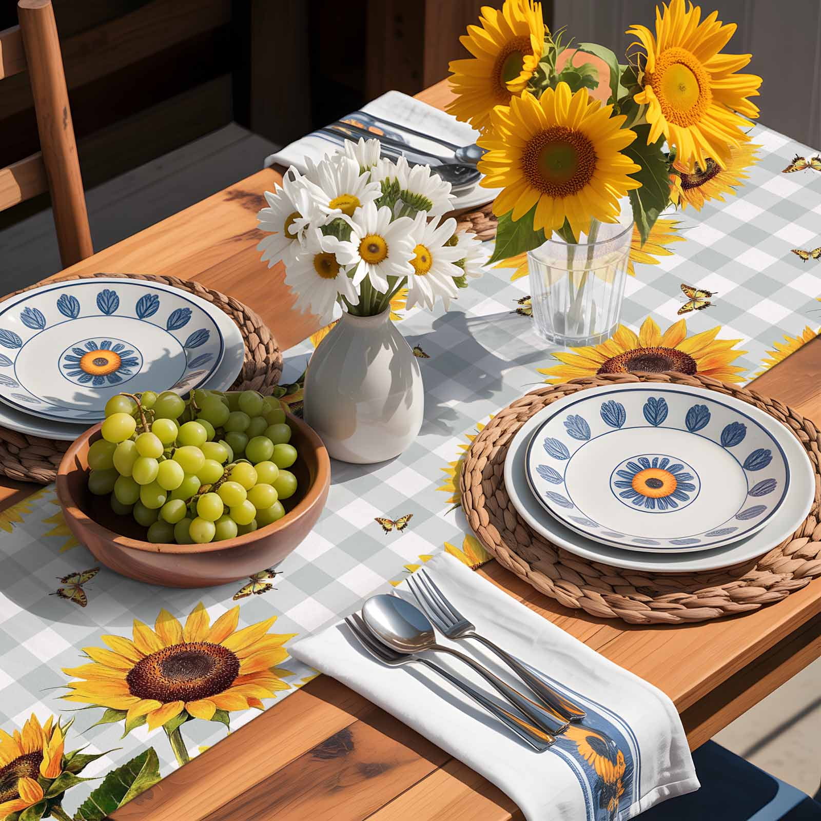 Spring Gradient Yellow Sunflower Table Runner 90 Inches Long, Farm Butterfly on Grey Plaid Table Runners Tabletop Scarf Kitchen Dining Tables Decoration for Home Party Indoor Outdoor