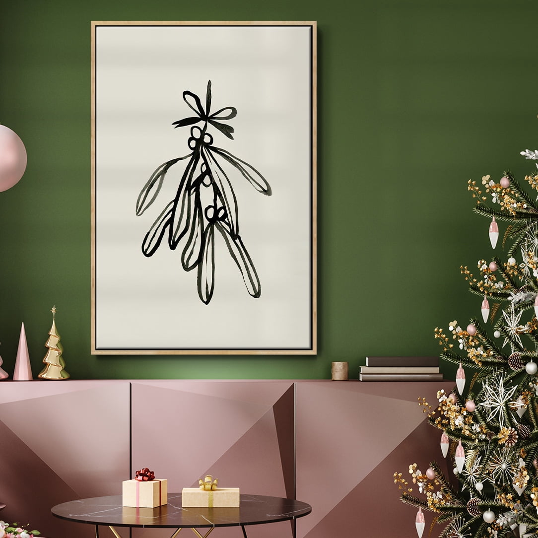 Mistletoe Sketch with Bows II - Framed Gallery Wrapped Holiday Canvas - 17 x 25 - Natural Wood Frame