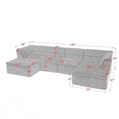 EPOWP 135'' Cloud Sectional Boneless Couches for Living Room, Modular Sectional Sofa with Deep Seat and Movable Ottoman, Memory Foam Compressed Spineless 5 Seater Sofa for Bedroom Apartment