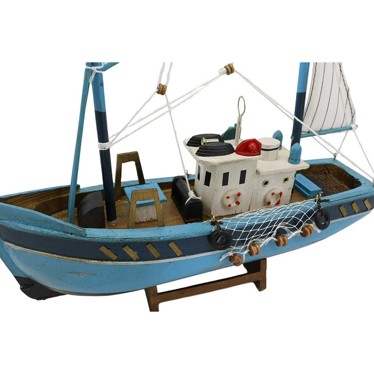Ebros 12 L Blue Wooden Fishing Boat Model with Wood Base Stand Figure 