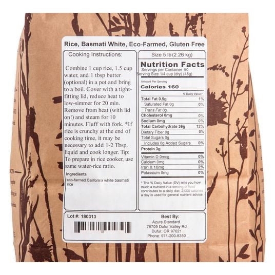Lundberg Rice, Basmati White, Eco-Farmed, Gluten Free-5 lb