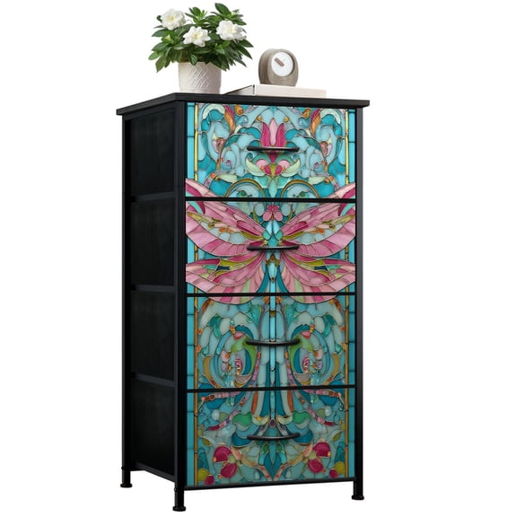 Stained Glass Style Dresser for Bedroom with 4 Storage Drawers Pastel Dragonfly spring Intricate Wing Patterns Dressers Chest of Drawers Steel Framed Fabric Closet Organizers for Dorm Entryway Mom